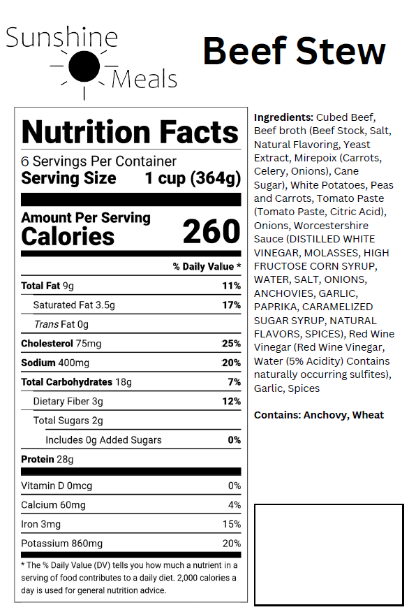 Beef Stew Nutritional Facts Sunshine Meals