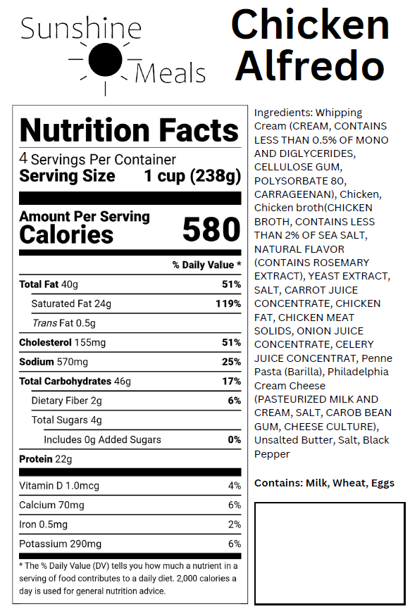 Chicken Alfredo Nutritional Facts – Sunshine Meals