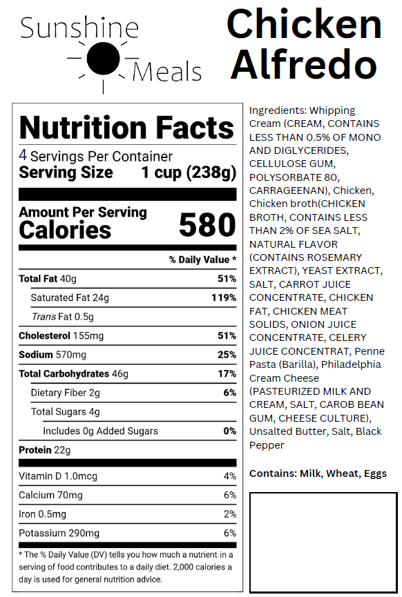 Chicken Alfredo Nutritional Facts Sunshine Meals