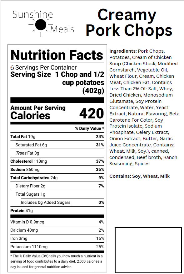 Creamy Pork Chops Nutritional Facts Sunshine Meals