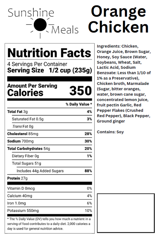 Orange Chicken Nutritional Facts Sunshine Meals 6015