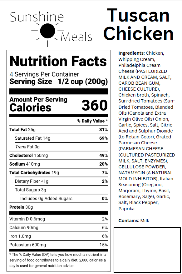 Tuscan Chicken Nutritional Facts Sunshine Meals Tuscan chicken nutritional facts sunshine meals